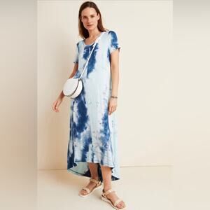 Ella Moss Anthropologie Boho Murcia Blue Tie Dye Short Sleeve Maxi Dress XS